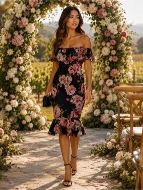 Vici Black Floral Off-Shoulder Ruffle Midi Dress